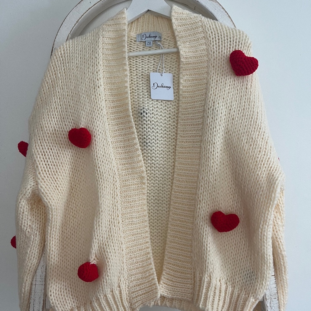 Duchamp Anthropologie Beige and Crocheted Red Heart Cardigan size L